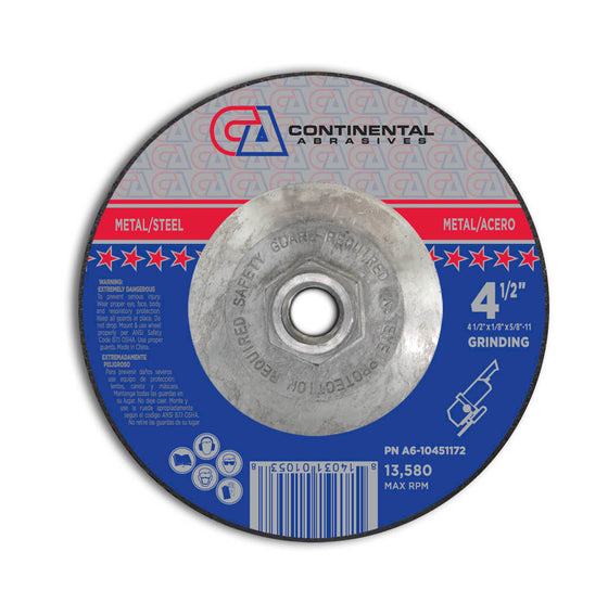 4 1/2" x 1/8" x 5/8"-11 T27 Depressed Center Aluminum Oxide Grinding Wheel For Cutting, 5/8" -11 Flange
