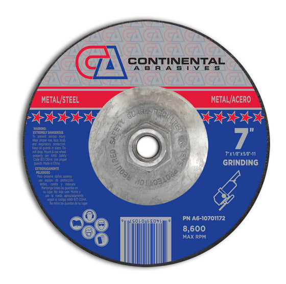 7" x 1/8" x 5/8"-11 T27 Depressed Center Aluminum Oxide Grinding Wheel For Cutting, 5/8" -11 Flange