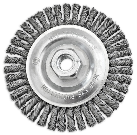 4 1/2" x 1/4" x 5/8-11" .020" Stainless Steel Stringer Bead Twisted Knot Wire Wheel For Finishing