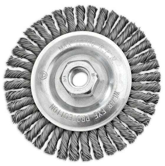 5" x 1/4" x 5/8-11" .020" Stainless Steel Stringer Bead Twisted Knot Wire Wheel For Finishing